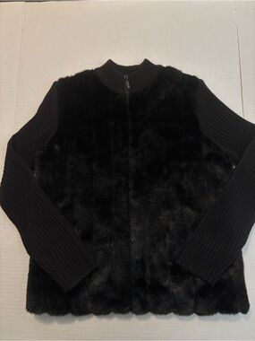 Kathie Lee Collection Black Faux Fur Zip Jacket with Rib Knit Sleeves